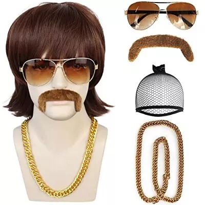 5 Pcs Set 70s 80s Disco Wigs Set With Mustache Sunglasses Chain Hairnet • $31.65