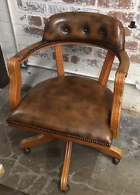 Antique Style Captains Chair Brown Chesterfield Back Swivel Base On Castors VGC • £250