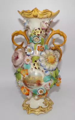 Early C19th Coalport Coalbrookdale Hand Painted Landscape Flower Encrusted Vase • £76