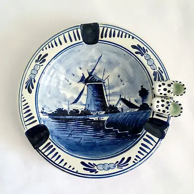 Vintage Delft Blue Porcelain Ceramic Ashtray Handpainted Dutch Windmill/Clogs 7W • $16