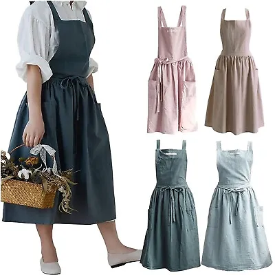 Women Bib Dress Apron Sleeveless Cotton Linen Pinafore Kitchen Cooking Florist • $44.32