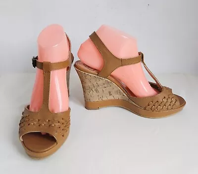 Mantaray Womens Tan Leather Strap T-Bar Wedge Sandals Peep Toe Shoes Size 6/39 • £19.99