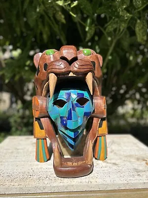 Hand Carved Mayan Wood Mask Warrior Pyramid Artwork Jaguar Snake Mexico Cedar  • $225