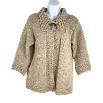 Carraig Donn Fisherman Cardigan Sweater Women's Medium Merino Wool Tan CJ-1135 • $34.97