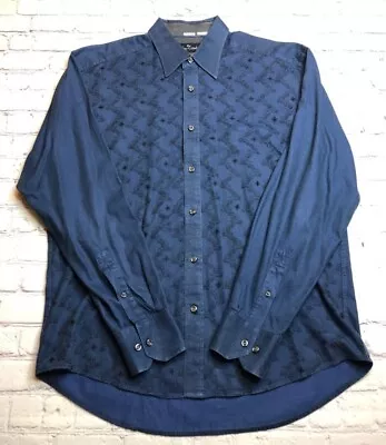 Malibu Cowboy Mens Button Front Shirt Blue Floral Embroidered Long Sleeve L • $10