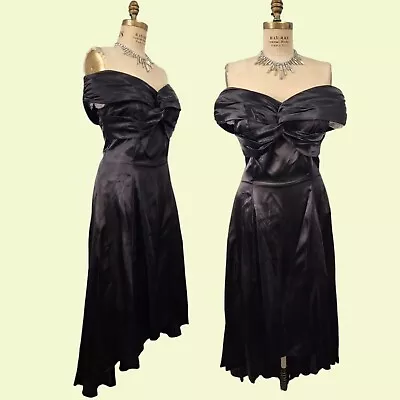 Vtg 80s Prom Dress Plus Size XL Black Shiny Wet Satin Off Shoulder Hi Low Gown • $134.99