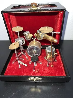 Vintage Miniature Drum Set In Box With Window Microphone With Stand Great Piec • $35