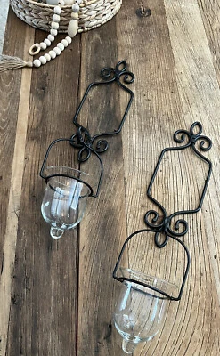 $39.99 • Buy 2 Candle Votives Wall Hanging Glass Metal Fleur De Lis Sconces Decor Vase Pair