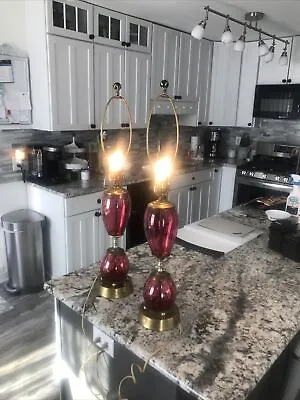 (2) Mid Century Cranberry Glass Atomic 3D Starburst Lamps Philip Co NY • $275