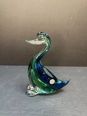 Archimede Seguso Style Murano Glass Green And Blue Duck Figurine Original Label • $89.99