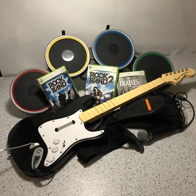 $349.99 • Buy Xbox 360 Rock Band Bundle-Drums, Guitar, Microphone, And 3 Games, Tested+Working