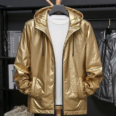 Men Metallic Shiny Jacket Hooded Front Zip Coat Holographic Windbreaker Top Chic • $33.14