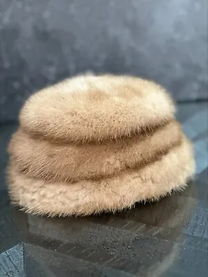 Vintage Saks Fifth Avenue Beige Mink Fur Pillbox Hat 21'' • $45