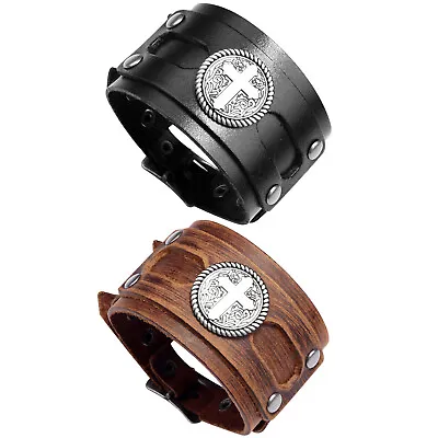 Punk Rock Men's Wide PU Leather Strap Cross Bracelet Cuff Wristband Adjustable • $13.99