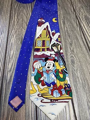 Vintage Disney Mickey Mouse Donald Duck & Pluto Christmas Silk Tie Blue 59” • $10.39