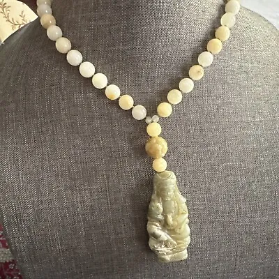 48  VINTAGE HAND KNOTTED Cream JADE BEADED BUDDHA PENDANT NECKLACE 220GTW • $150