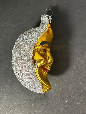 Vintage West Germany Glittered Moon Face Mercury Glass Christmas Ornament Gold • $11.20