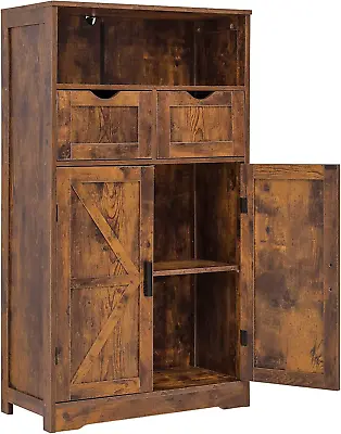 Floor Storage Cabinet W/2 Adjustable Drawers 2 Barn Doors W/2 Shelf Rustic Brn • $148.61