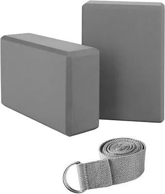 Yoga Blocks & Strap Set - 2 High Density Foam Bricks And Belt - Grey • £5