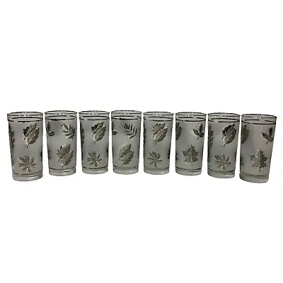 Set Of 8 Vintage Libbey Frosted Silver Leaf Tumbler Glasses 5.5  Tall • $23