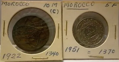 Morocco Coin LOT 1922 10 Mazunas & 1951 5 Francs Carded Uncleaned A8 • $4.99