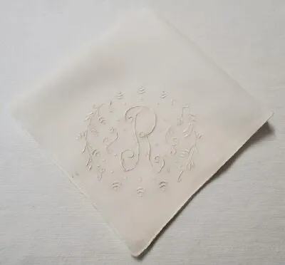 Vintage Monogrammed  R  Embroidered Handkerchief White Cotton Or Linen 12  Sq • $12