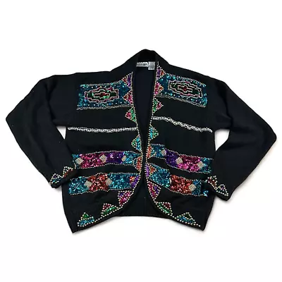 Vintage Funky Black Jewel Bejeweled Chunky Knit Silk Blend Cardigan L • $50