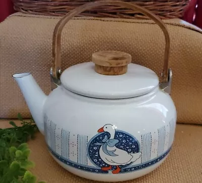 White Enamel Metal Tea Pot Kettle Wood Handle Country Kitchen Goose Blue Bow • $25