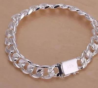 10mm Mens 925 Sterling Silver Bracelet Curb Link Chain Bracelets Chunky Gift  • £15