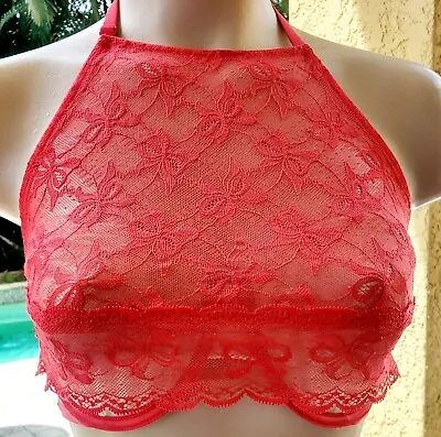 Victorias Secret Bra 34DD Red Lace High Neck Necklace Sheer Unlined Halter Bows • £33.77