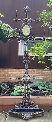 Antique Victorian 1850s Cast Iron Hall Tree Gilt Polychrm Plant Stand Mirror 79” • $1099