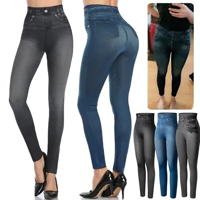 Women Denim Jeggings High Waist Tummy Control Push Up Jeans Seamless Leggings • £12.79