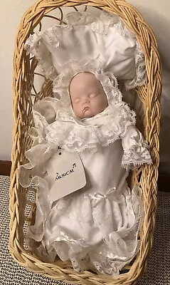 Vintage Musical 10-1/2  Baby Doll~lullaby Baby Moves To Music In Wicker Bassinet • $13.99