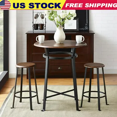 Round 3-Piece Metal Pub Set With Wooden Top Dining Room Furniture Table Stools • $139.65