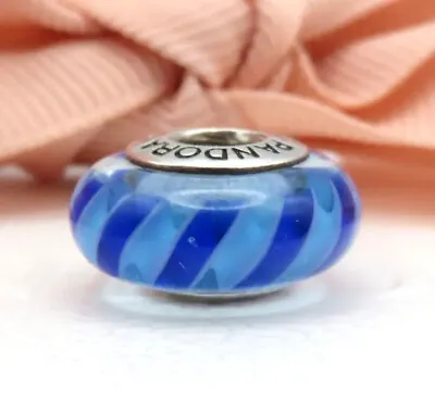 $27 • Buy PANDORA Blue Stripes Zig Zag Murano Glass Sterling Silver Charm #790611 Retired