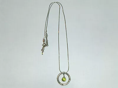 Vintage .925 Sterling Silver Round Pendant & Green Dangle Stone Necklace • $19.99