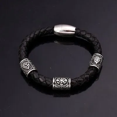 Men's Stainless Steel Viking Valknut/Vegvisir Beads Wristband Leather Bracelet • $8.99