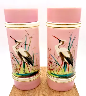 2 ANT Victorian Pink Heron Vases Mt Washington Smith Bros Hand Painted ~8  Tall • $125