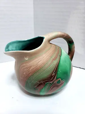 Vintage Small Nemadji Pottery Pitcher Brown Green Swirl 3.5  • $13.50