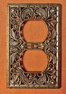 Vintage Edmar Mid-Century Metal Double Outlet Cover Flower Flourish Gold Backing • $9.35