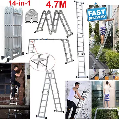 4.7M 14 In1 Multi-function Aluminium Folding Telescopic Ladder Extendable 16Step • £126.73