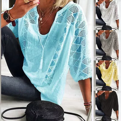 $16.24 • Buy Womens V Neck Cotton Linen T-Shirt Lady Casual Loose 3/4 Sleeeve Blouse Tops Tee