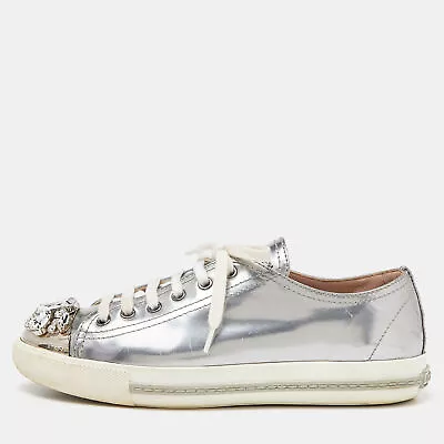 Miu Miu Silver Patent Leather Crystal Embellished Cap-Toe Low-Top Sneakers • $141.75