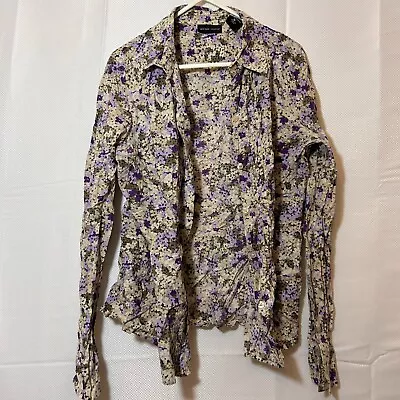 Vintage Blouse Womens Shirt Top Size 10 Purple Grey 100% Cotton Work Boho Floral • $11.35