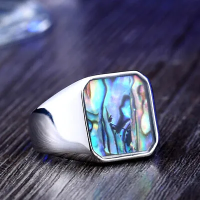 Abalone Shell Inlay Square Wedding Ring Stainless Steel Men's Vintage Band Rings • $11.99