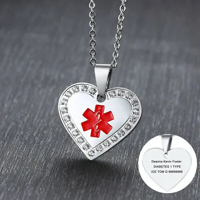 £5.99 • Buy Men Women Medical Alert ID Necklace Pendant Crystal Heart Free Laser Engraving