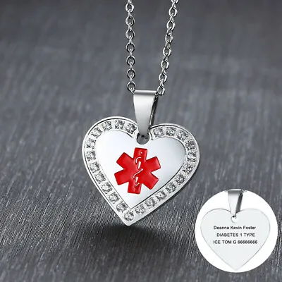 Men Women Medical Alert ID Necklace Pendant Crystal Heart Free Laser Engraving • £6.59