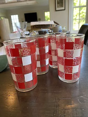 Set Of 4 Vintage MCM Red And White Checkered Bar Glasses • $50