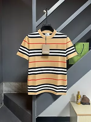 Men's Brown Striped T-shirt Short Sleeved Size L • $71