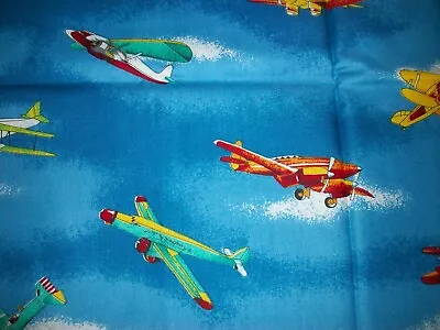 Vintage Screen Print Blue Cotton Quilt Fabric Airplane Aircraft Aviation 1 Yard • $6.50